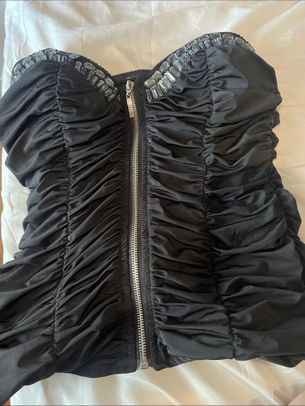 Strapless Black Ruched corset with Gem Trim